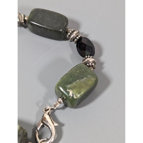 Polished Green Stone Bead Black Faceted Glass Bracelet Chunky Boho Statement 7" - Picture 3 of 7